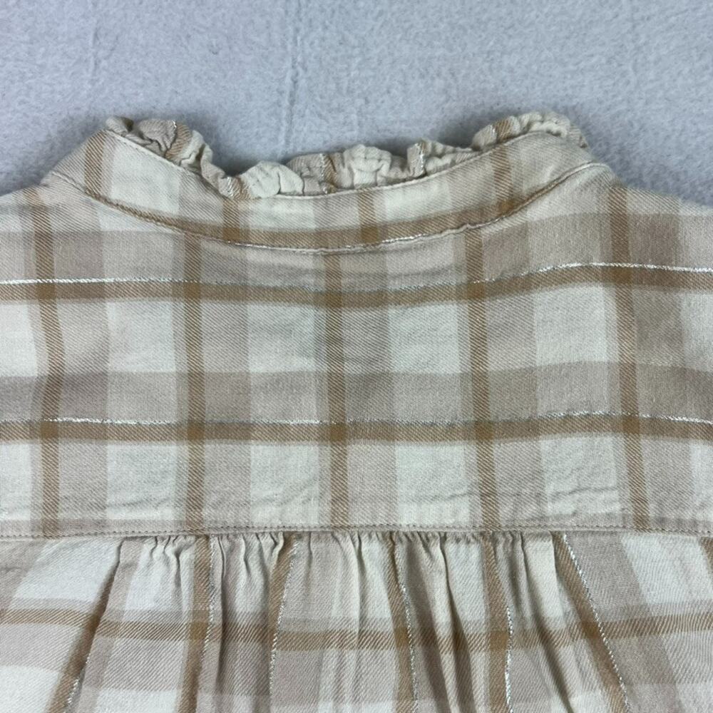 Gap Button Front Ruffle Top Women's Small Beige Plaid Half Sleeve Peasant - Picture 3 of 8